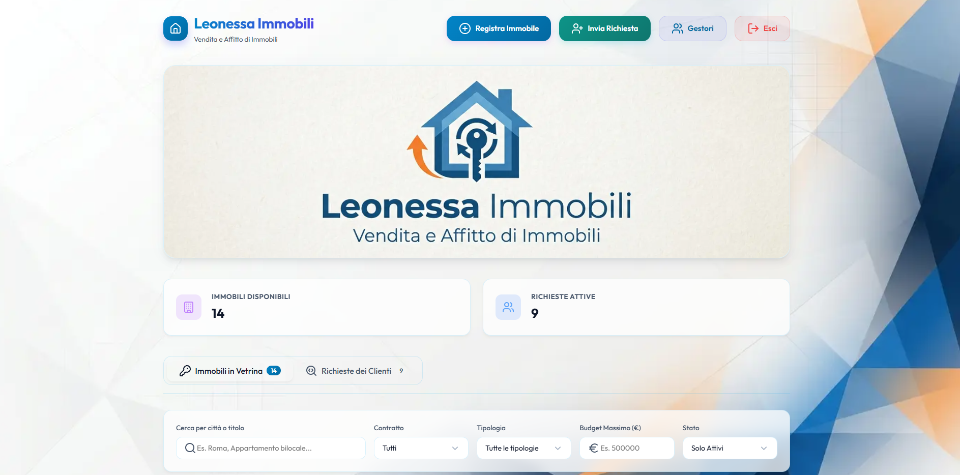 Leonessa Immobili è un'applicazione web premium progettata per la gestione immobiliare, dotata di un motore intelligente di matchmaking che incrocia in tempo reale gli annunci attivi con le richieste dei clienti. La piattaforma integra l'ottimizzazione automatica delle immagini in formato .webp, il caricamento interattivo delle planimetrie e una navigazione protetta con portali dedicati e separati per gestori (tramite credenziali) e clienti esterni. L'intero applicativo è ottimizzato per dispositivi desktop e mobili, con persistenza locale dei dati ed è distribuito online tramite Firebase Hosting.